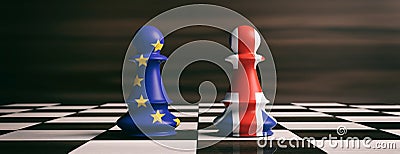 Brexit concept.United Kingdom and European Union flags on chess pawns on a chessboard. 3d illustration Cartoon Illustration