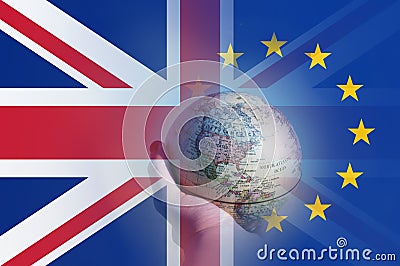 Brexit concept. A hand holding a globe focusing on North America. With the flags of the Union Jack and the E.U over layered on top Stock Photo