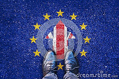 Brexit, flags of the United Kingdom and the European Union on asphalt road Stock Photo