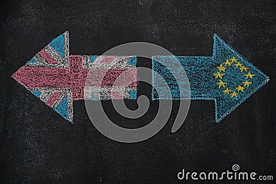 Brexit, flags of the United Kingdom and the European Union on blackboard Stock Photo