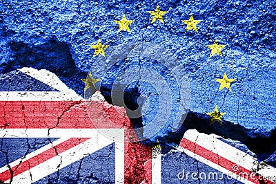 Brexit, Flags of United Kingdom and the European Union on cracked background Stock Photo