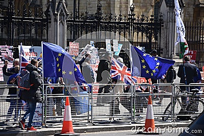 Brexit, flags of the United Kingdom and the European Union in London, England. Editorial Stock Photo