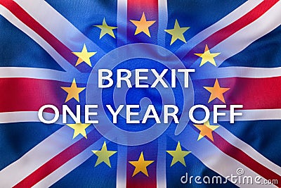 Brexit. Flags of the United Kingdom and the European Union with text one year off Stock Photo