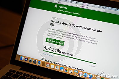 Brexit petition on UK parliament website to revoke article 50 and remain in the EU almost reach 5 millions signatures Editorial Stock Photo