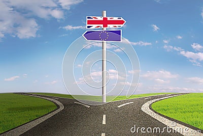 Brexit signpost with flag of UK and EU Stock Photo
