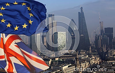 Brexit: UK and European Union flag and London Editorial Stock Photo