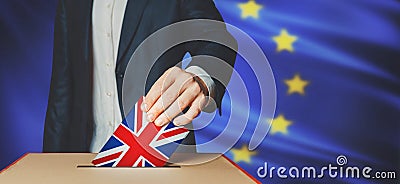 Brexit Voting concept. Man putting a ballot with British Flag into a voting box with European Union flag on background Stock Photo