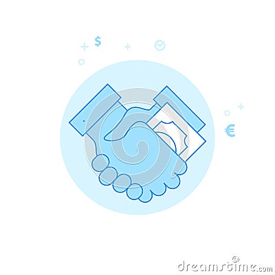 Bribe, Transfer of Money, Handshake Flat Vector Illustration, Icon. Light Blue Monochrome Design. Editable Stroke Vector Illustration