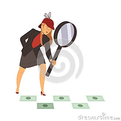 Bribery and Corruption with Woman Character with Magnifying Glass Investigating Crime Vector Illustration Vector Illustration