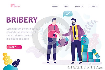 Bribery, landing page template. Man giving bribe to businessman. People handshake, completion of deal. Guy bribes politician. ? Vector Illustration