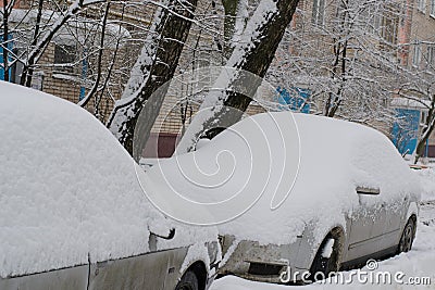 Brick apartment building in town with parked cars and trees in the yard after a snowfall. Stock Photo