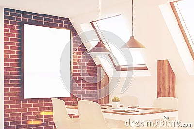 Brick attic kitchen, close up, toned Stock Photo