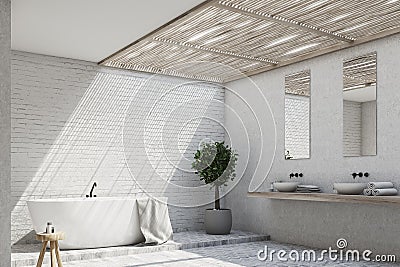 Brick bathroom interior with a tree, corner Stock Photo