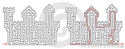 Brick castle labyrinth. Maze inside fortress with towers. Medium difficulty vector puzzle with entry and exit. Riddle Vector Illustration