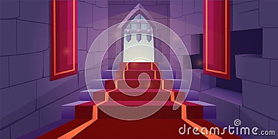 Brick castle wall. Dungeon stairs. Medieval interior with window and arch gate. Vintage wood house. Computer Vector Illustration