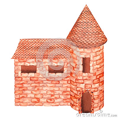Brick castle. Watercolor illustration. Isolated on a white background. For design Cartoon Illustration