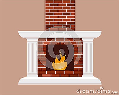 Brick fireplace with flame. Vector Illustration