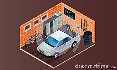 Brick garage interior banner, isometric style Vector Illustration