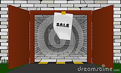 Brick garage with open metal gates Vector Illustration