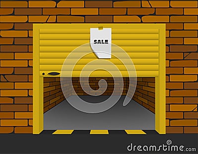Brick garage with open sectional gates in perspective Vector Illustration
