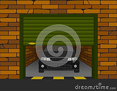Brick garage with sectional doors open in perspective with the car inside Vector Illustration