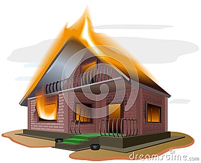 Brick house burns. Cottage fire. Vacation home. Property insurance Vector Illustration