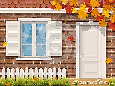 Brick house facade in autumn season Vector Illustration