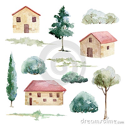 Brick house, tree and bush watercolor set image. Hand drawn various retro houses with red roof tiles, tree elements Cartoon Illustration