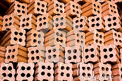 Brick kiln. collection set of red bricks stack in oven factory b Stock Photo