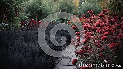 a brick path surrounded by flowers and shrubs in a garden Stock Photo