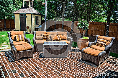 Brick Patio and Furniture Stock Photo