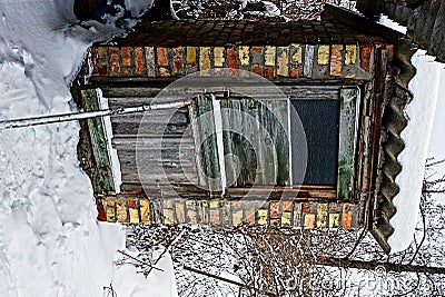 Old rural toilet made of bricks under the snow Stock Photo