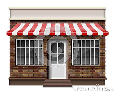 Brick small 3d store or boutique front facade. Exterior boutique shop with window. Mockup of realistic street shop Vector Illustration