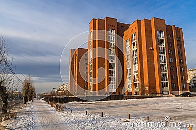 The brick Soviet building made in late constructivist architecture style in Ulan-Ude. Stock Photo