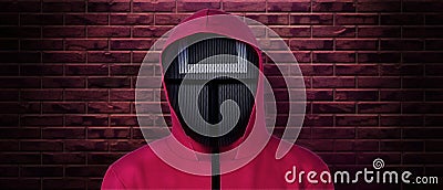 Guard mask from the movie squid game on a brick wall.Squid Game is a South Korean television series. Editorial Stock Photo