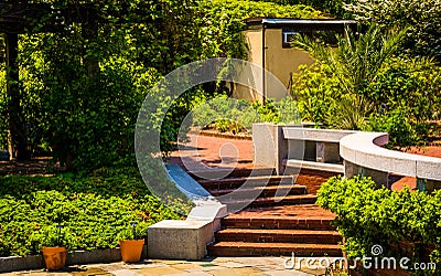 Brick walkways through gardens at the National Arboretum in Wash Stock Photo