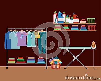 Brick wall background of clothes in hangers with table and clothes iron and elements of home laundry Vector Illustration