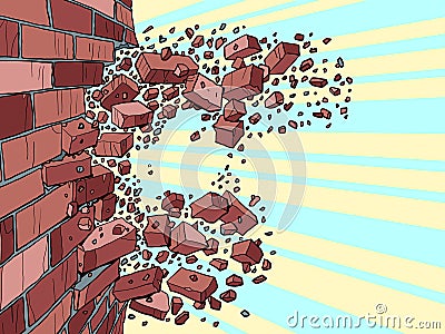 The brick wall breaks through. Destruction of buildings, ruins and demolition Vector Illustration