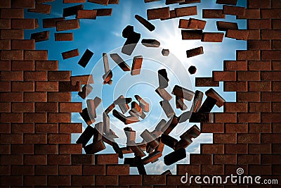 Brick wall falling down making a hole to sunny sky outside Stock Photo