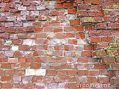 Brick wall. Old flaky white paint peeling off a grungy cracked wall. Cracks, scrapes, peeling old paint and plaster on background Stock Photo