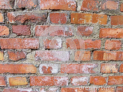 Brick wall. Old flaky white paint peeling off a grungy cracked wall. Cracks, scrapes, peeling old paint and plaster on background Stock Photo