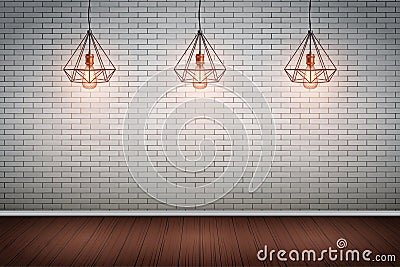 Brick wall room with vintage wire pendant lamps Vector Illustration