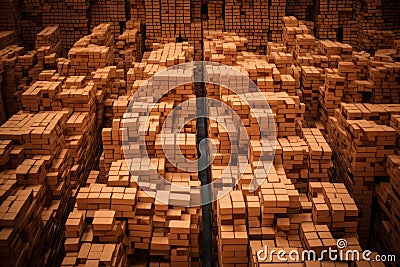 Brick warehouse, bricks pallets neatly stacked in a warehouse Stock Photo