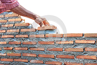 Bricklayer building wall isolated on whitebricklayer building Stock Photo