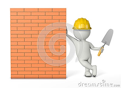 Bricklayer leaning against a new brick wall Stock Photo