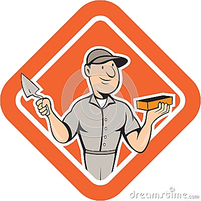 Bricklayer Mason Plasterer Standing Shield Cartoon Stock Photo