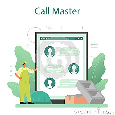 Bricklayer online service or platform. Professional builder constructing Vector Illustration