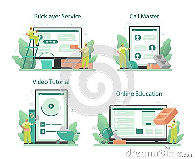 Bricklayer online service or platform set. Professional builder constructing Vector Illustration