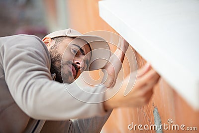 bricklayer working with brick blocks Stock Photo