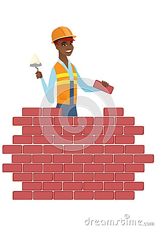 Bricklayer working with spatula and brick. Vector Illustration
